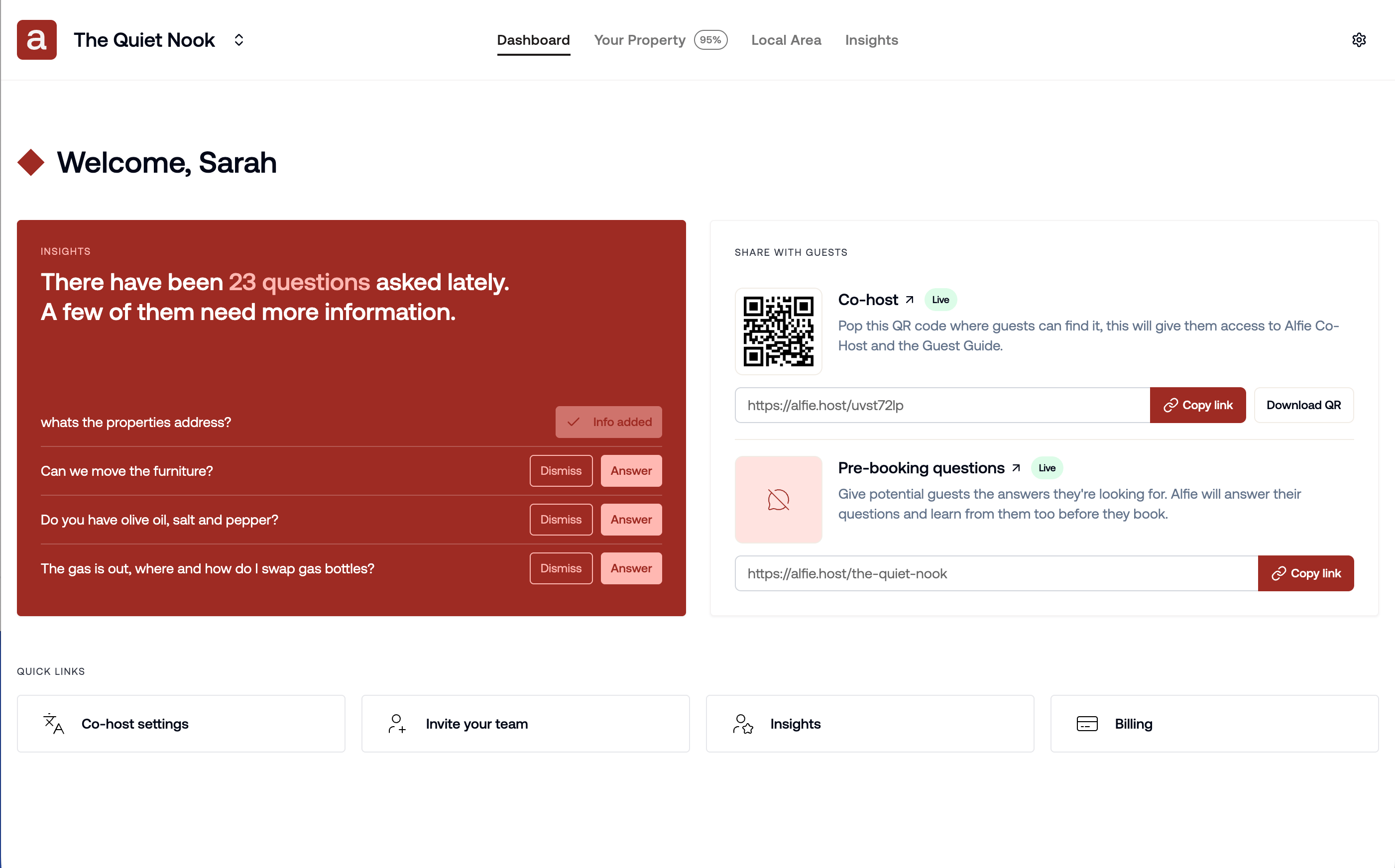 Alfie host dashboard — your control panel